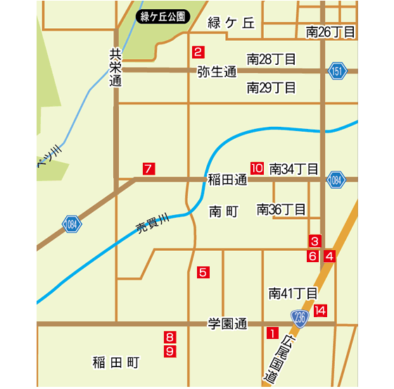 稲田通、南町周辺地図です。アクセスキーに対応しています。aの林内科クリニックからiの西村内科クリニックまで、下段の表に合わせてアルファベットで詳細にジャンプできます