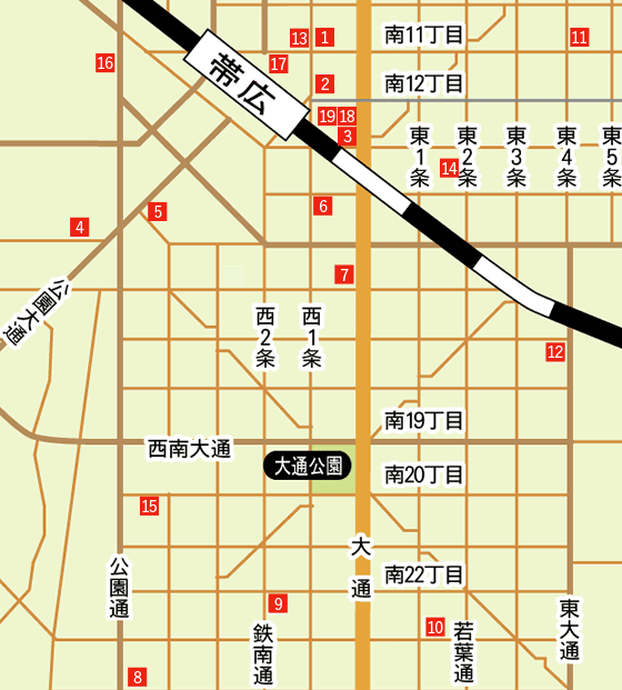 帯広市街南地図です。アクセスキーに対応しています。bの山川内科医院からa3のとかちメンタルクリニックまで、下段の表に合わせてアルファベットで詳細にジャンプできます