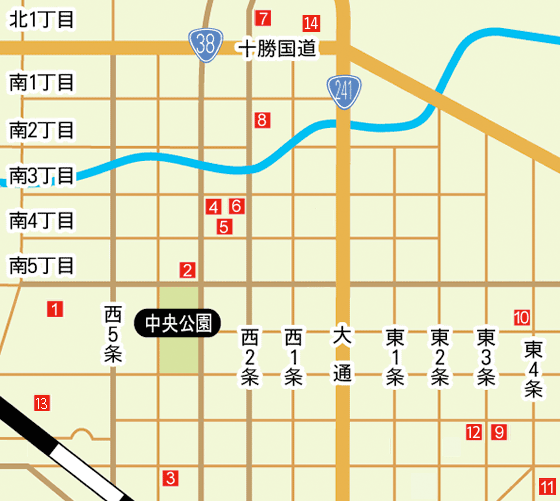 帯広市街西地図です。アクセスキーに対応しています。aの横山内科クリニックからmの原田眼科医院まで、下段の表に合わせてアルファベットで詳細にジャンプできます